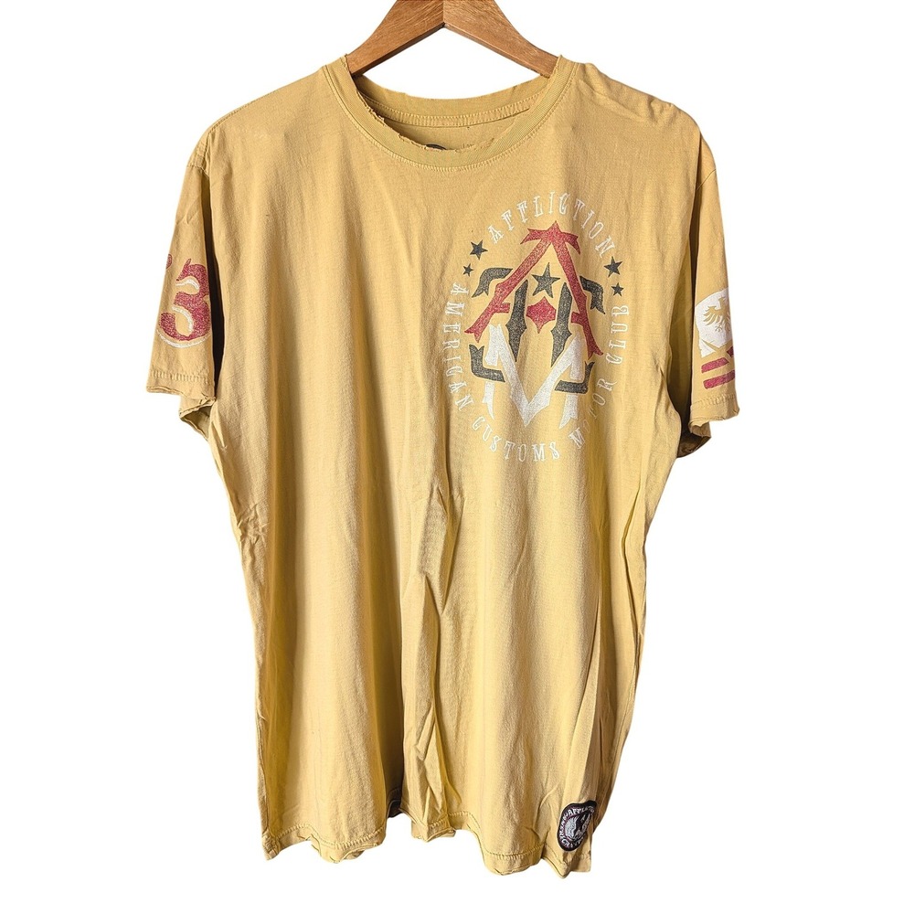 Affliction American Customs T-Shirt Mens 2XL Yellow Distressed Biker Graphic Tee